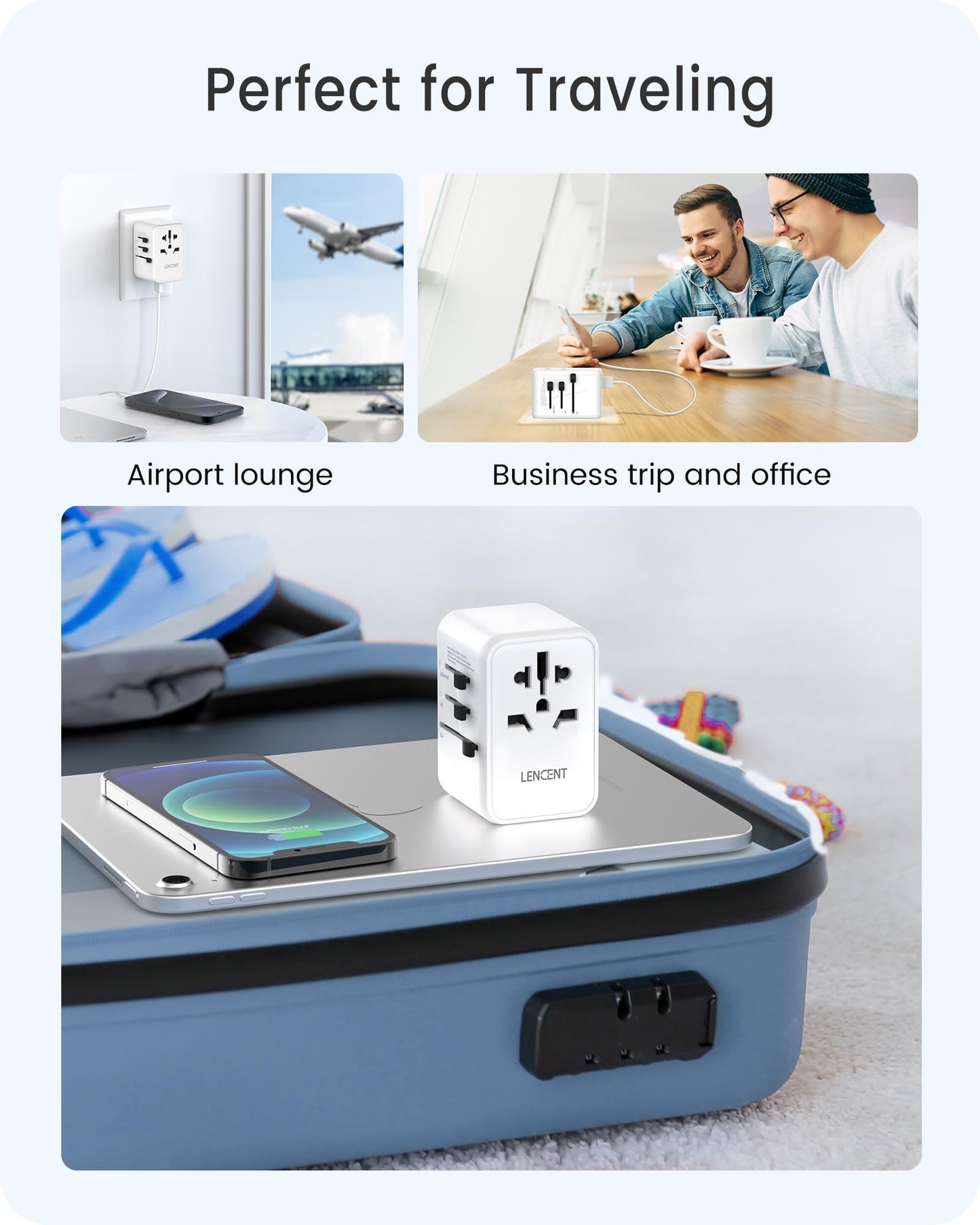 LENCENT Adaptador Universal de Viaje, GAN III 45W Adaptador Internacional con 3 USB y 2 USB-C Carga Rápida, Cargador Universal con Enchufe Tipo A/C/G/I para USA/Europa/UK/Australia/Argentina, Blanco