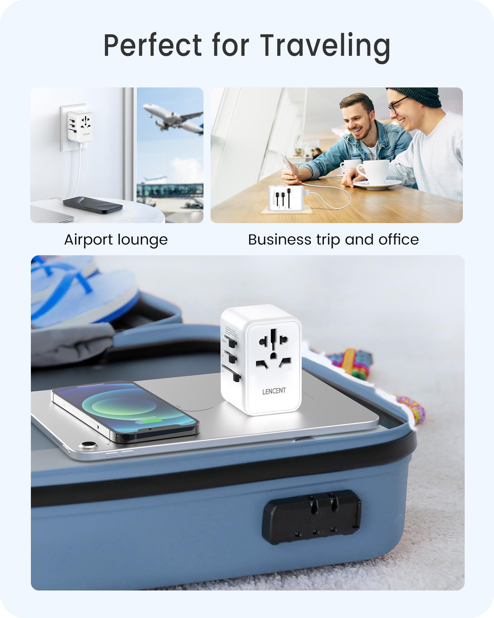 LENCENT Adaptador Universal de Viaje, GAN III 45W Adaptador Internacional con 3 USB y 2 USB-C Carga Rápida, Cargador Universal con Enchufe Tipo A/C/G/I para USA/Europa/UK/Australia/Argentina, Blanco