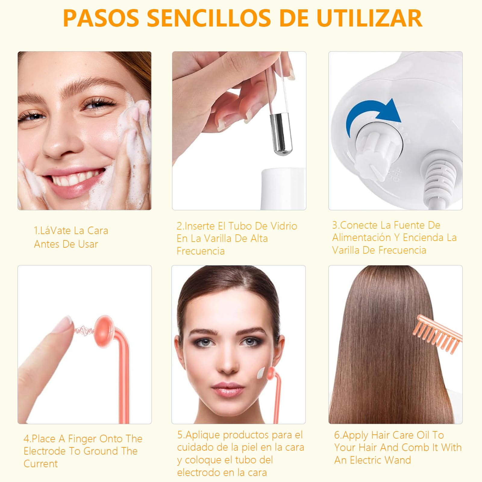Equipo de Alta Frecuencia Facial Portable con 4 Palos de Neón para Reducir Arrugas, Ojeras e Imperfecciones