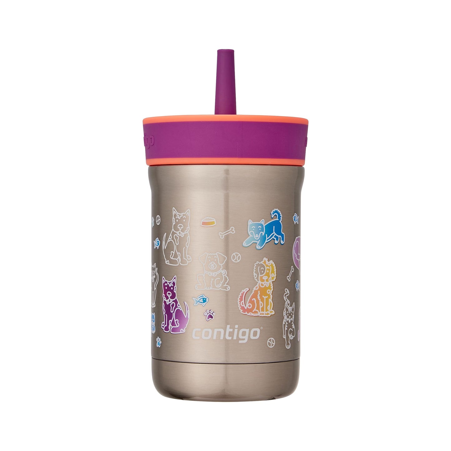 Contigo Leighton Vaccum-Insulated Kids Water Bottle with Spill-Proof Lid and Straw, 12oz Stainless Steel Water Bottle with Straw for Kids, Keeps Drinks Cold up to 13 Hours, Coral/Grape