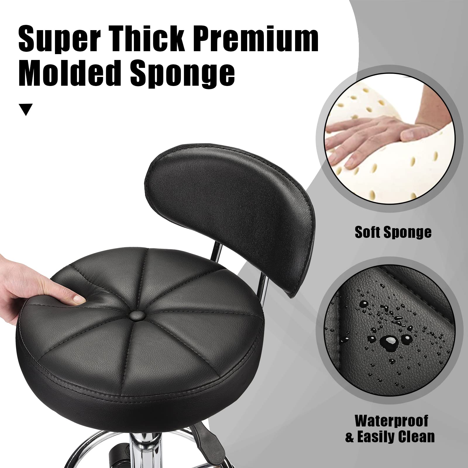 HMTOT Taburetes giratorios con ruedas, altura ajustable, respaldo de banco de spa, color negro