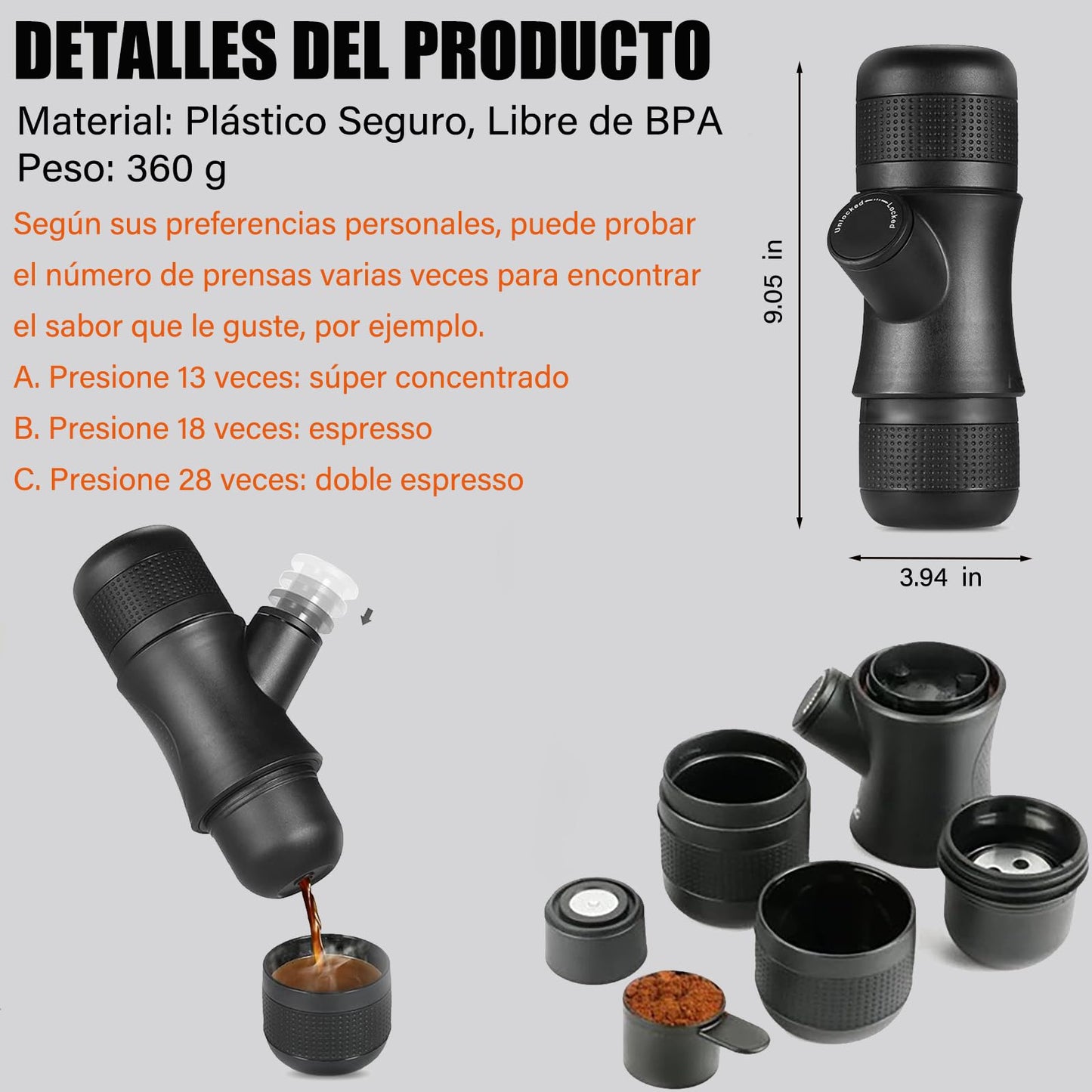 Cafetera Manual TYEGDAVD Negro con Taza Incluida para Camping y Viajes