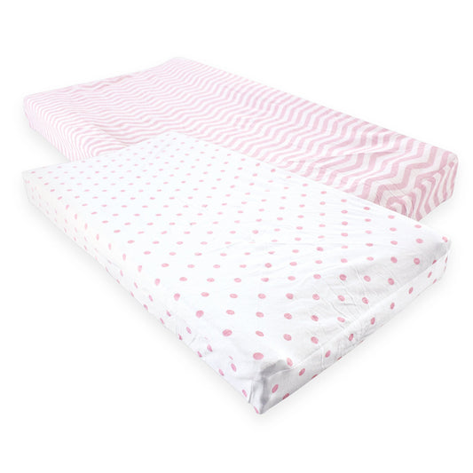 Luvable Friends Cotton Changing Pad Cover, 2 Pack, Pink Chevron and Dots, One Size