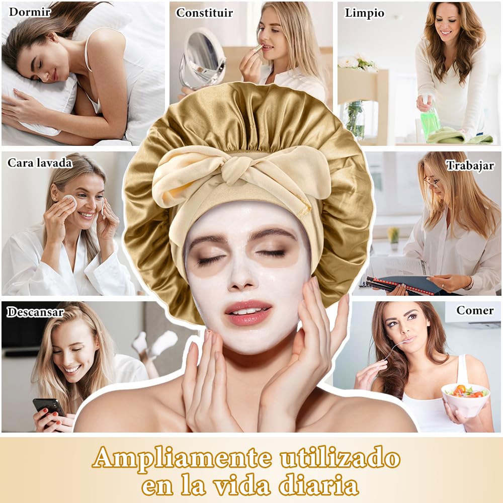 Gorro de Seda para Dormir, Para El Cabello Largo Bonnet Ajustable para Mujer，capó ajustable de satén，Capos grandes de seda satinada para dormir con correa de corbata, Adecuado para Dormir, Bañarse