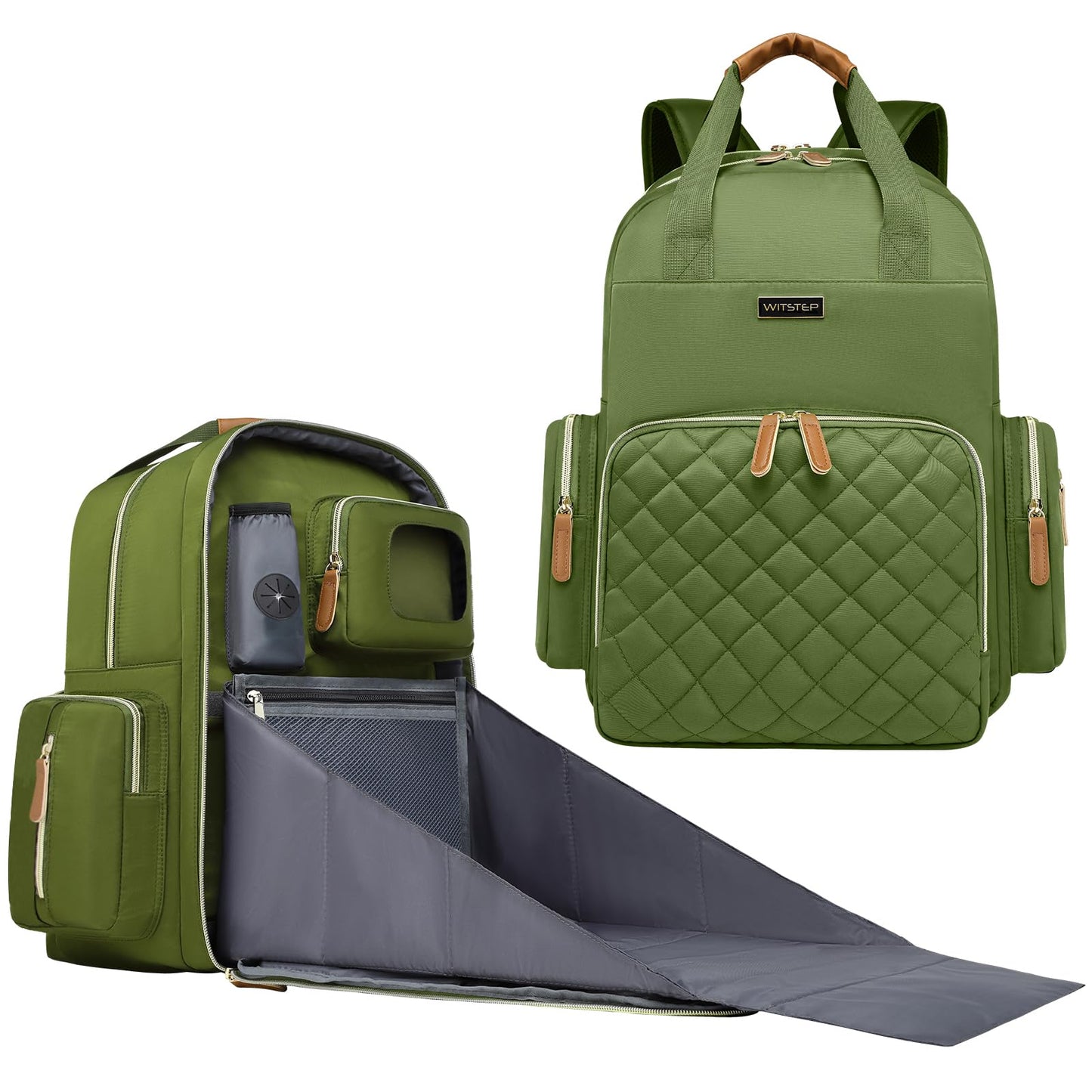 WITSTEP - Mochila para pañales con estación de cambio, organizador de pañales para bebés, para mamás, papás, bolsas grandes para cambiar de bebé, Verde, Mediano, Mochila para pañales con cambiador