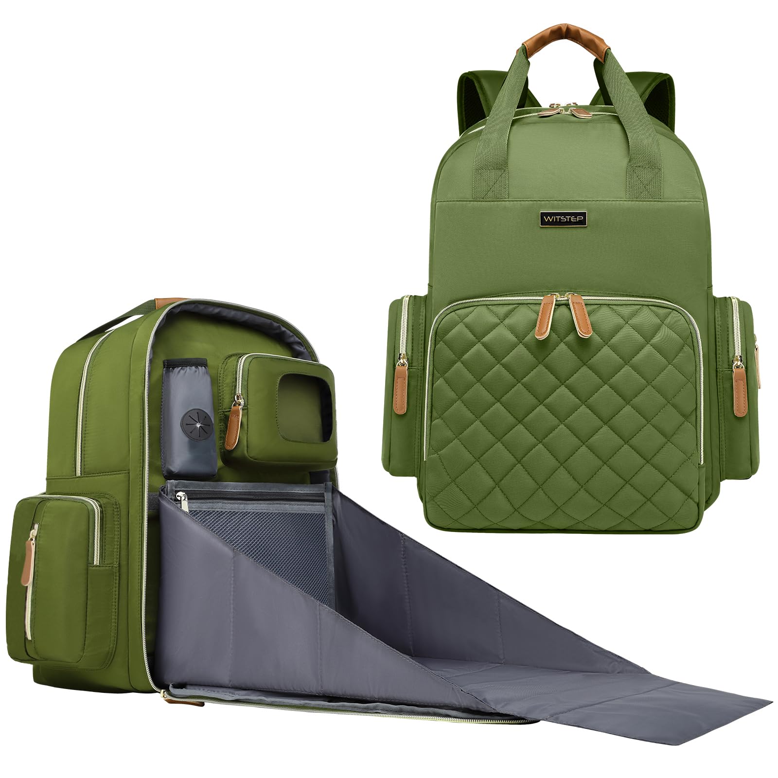 WITSTEP - Mochila para pañales con estación de cambio, organizador de pañales para bebés, para mamás, papás, bolsas grandes para cambiar de bebé, Verde, Mediano, Mochila para pañales con cambiador