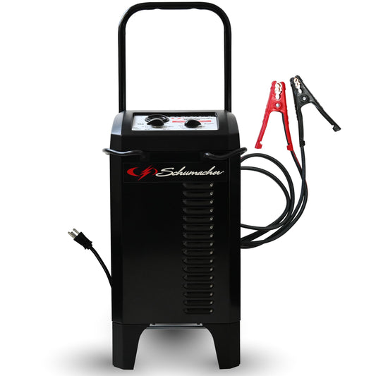 Schumacher SC1445 - Cargador de batería Manual eléctrico y Arranque del Motor, 6 V/12 V 250 A, Cargador de batería Resistente con Modo de Refuerzo de 50 A, Abrazaderas codificadas por Colores, Cables