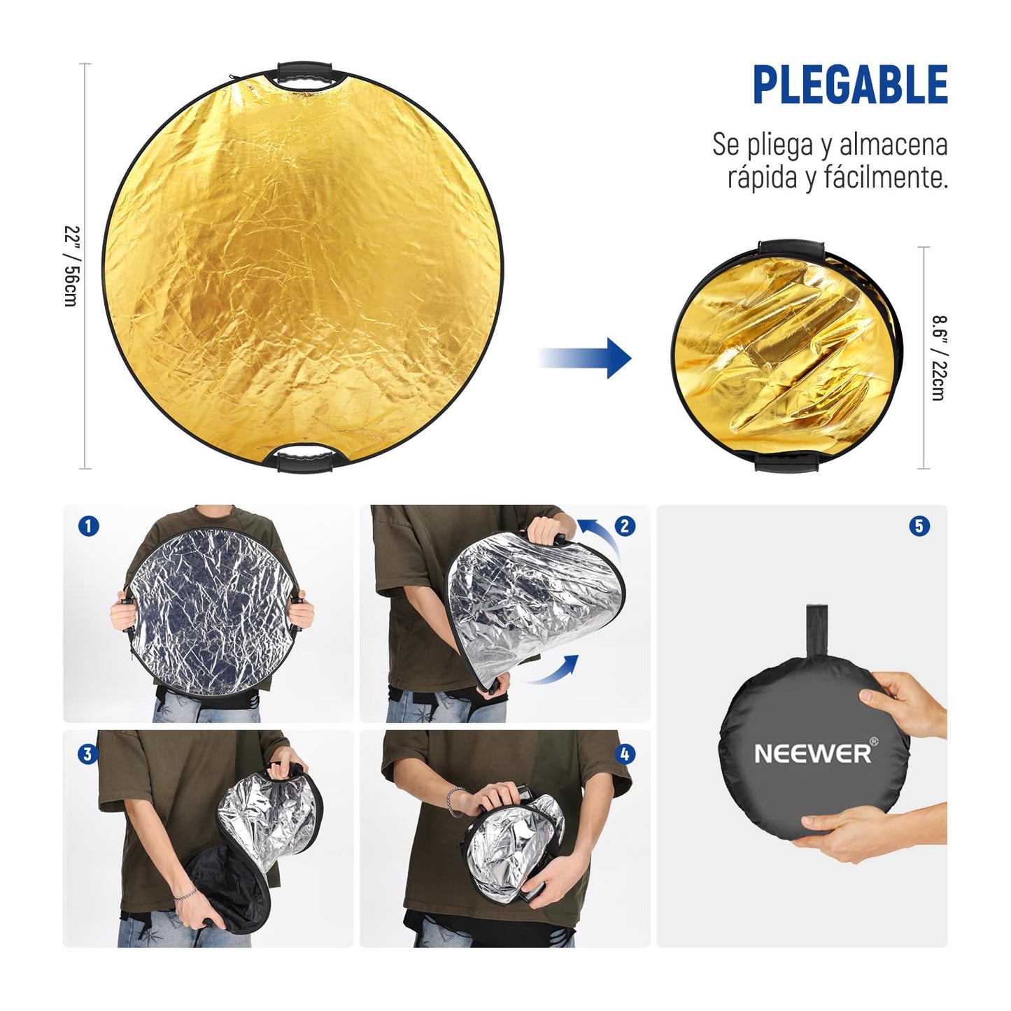 NEEWER 32"/80cm Reflector de Luz con Clamp y Asas, 5 en 1 Reflector Fotografía Multidisco Plegable Translúcido/Plateado/Dorado/Blanco/Negro con Rosca 3/8" para iluminación Estudio Exterior, RF-80II