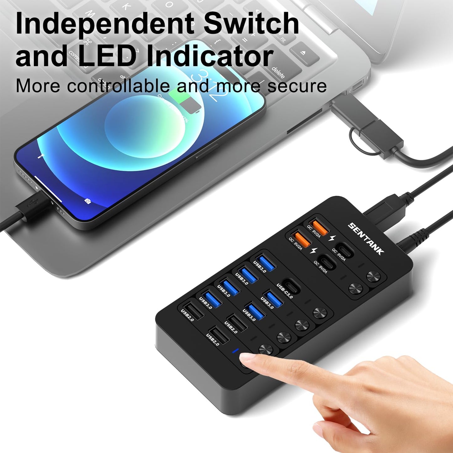 Hub USB SENTANK Negro con 14 Puertos y Carga Rápida