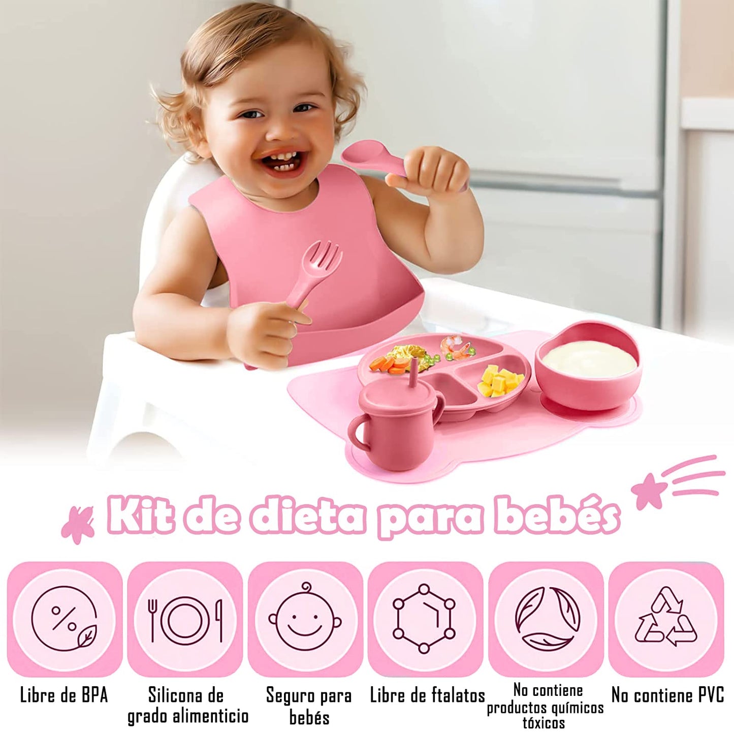 Platos de Silicona para Bebé Antivuelco Set de 10 Piezas Rosa para Niño/Niña