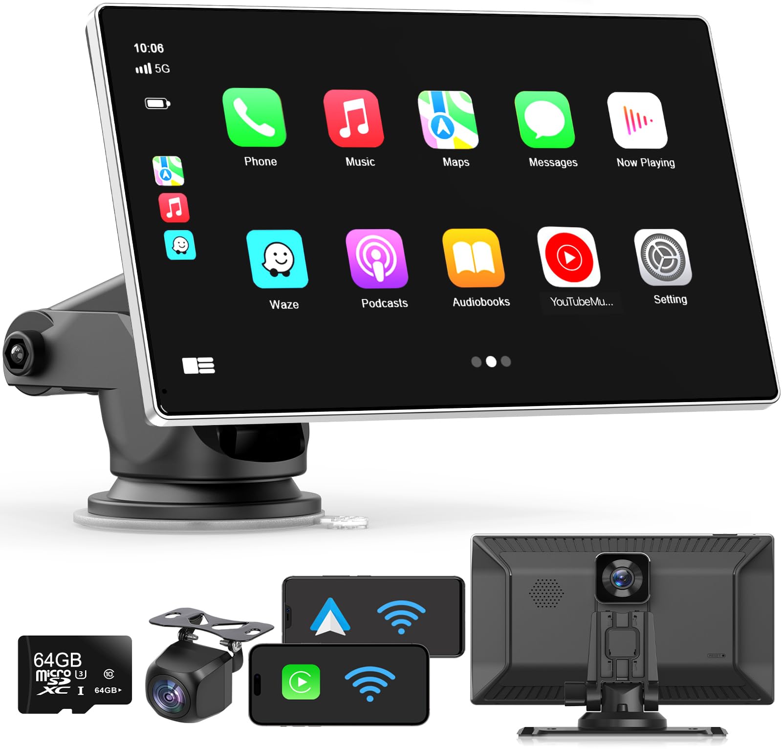 Visualización Portátil para Coche Apple Carplay Inalámbrica de 9 Pulgadas con Cámara de Salpicadero 4K y Cámara de Respaldo 1080p DVR