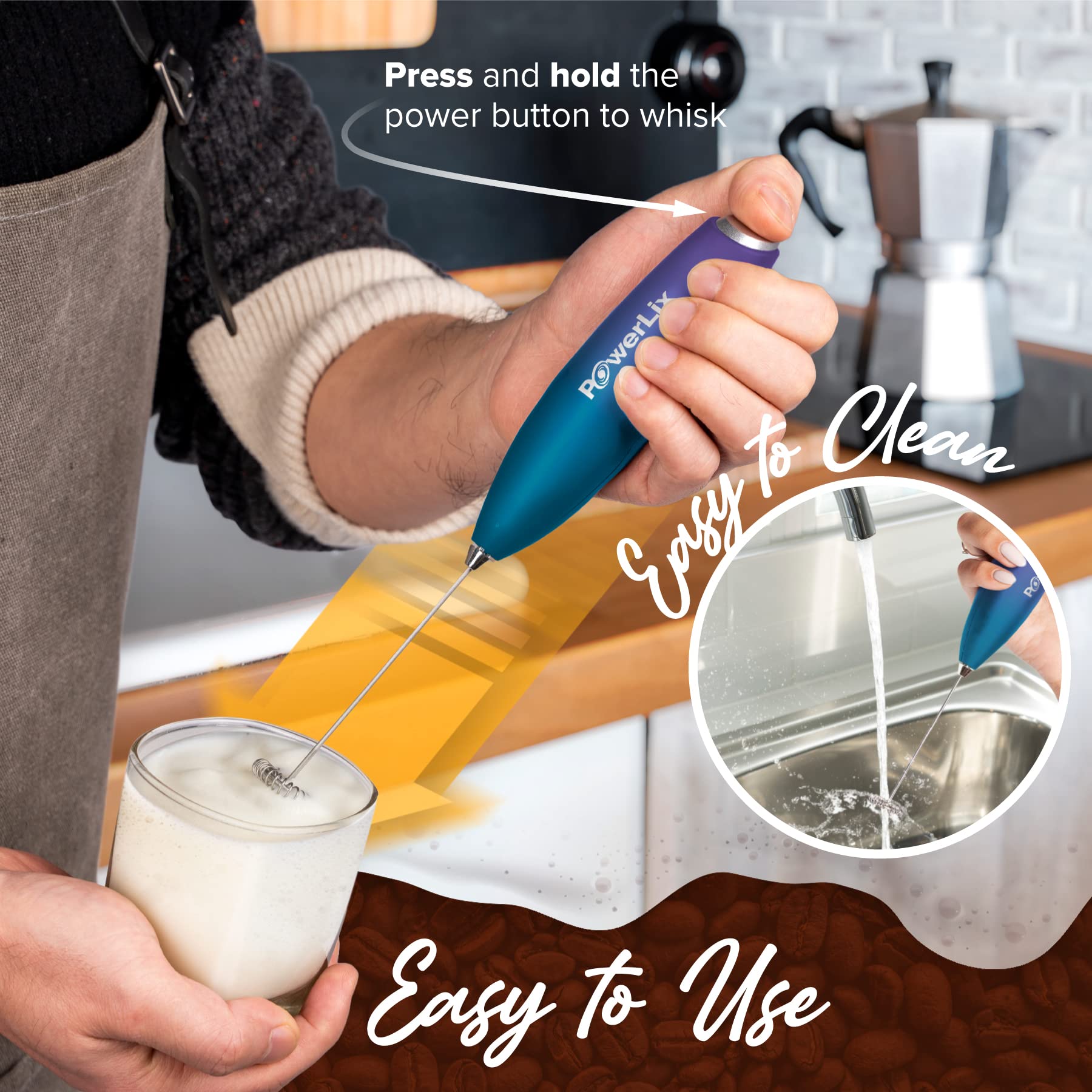 Espumador de Leche PowerLix Negro con Soporte y Pilas para Café