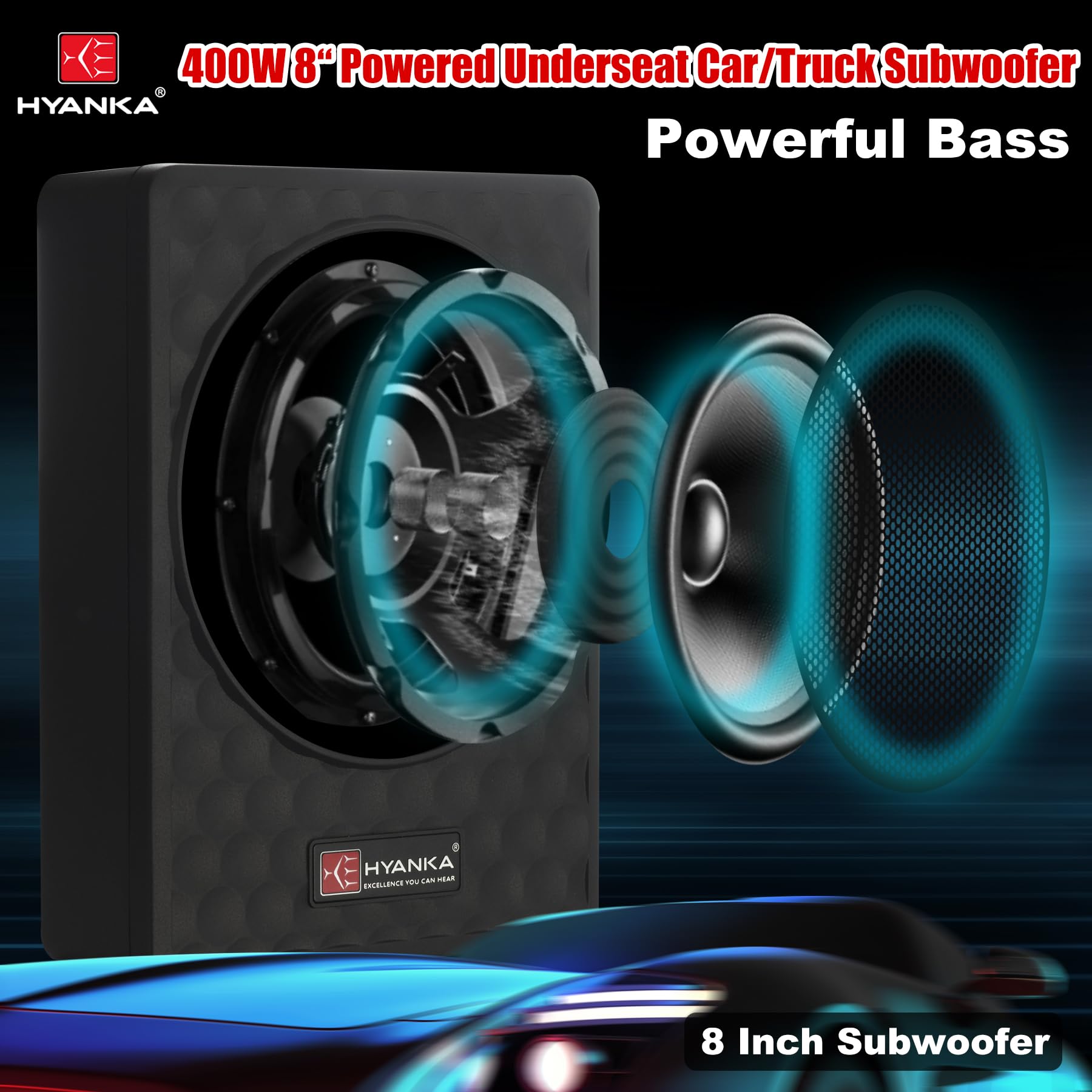 H YANKA SODA-08ASW - Subwoofer compacto para coche de 400 W, 8 pulgadas, con amplificador incorporado, subwoofer de potencia delgada para audio de coche/camión/jeep