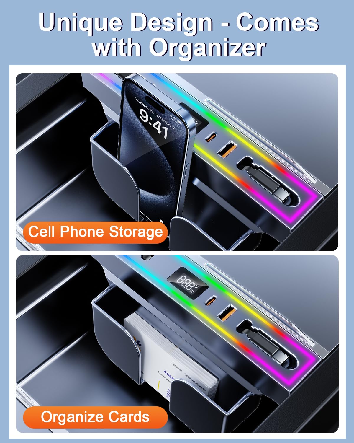 DICMKY Tesla Hub USB para modelo 3 Highland 2024-2025 y modelo Y Juniper 2026 con luz RGB, estación de acoplamiento de 4 puertos Tesla Regalos para hombres, Tesla Cargador de teléfono Tesla Hub de