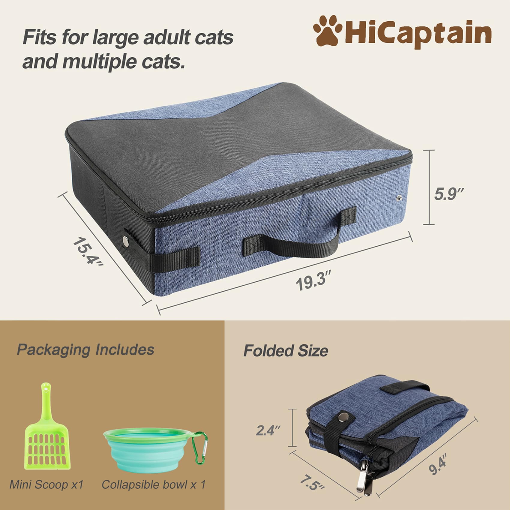 HiCaptain - Caja de arena para gatos de viaje con tapa y asa, portátil, portátil, plegable, para gatos (L, negro/gris)