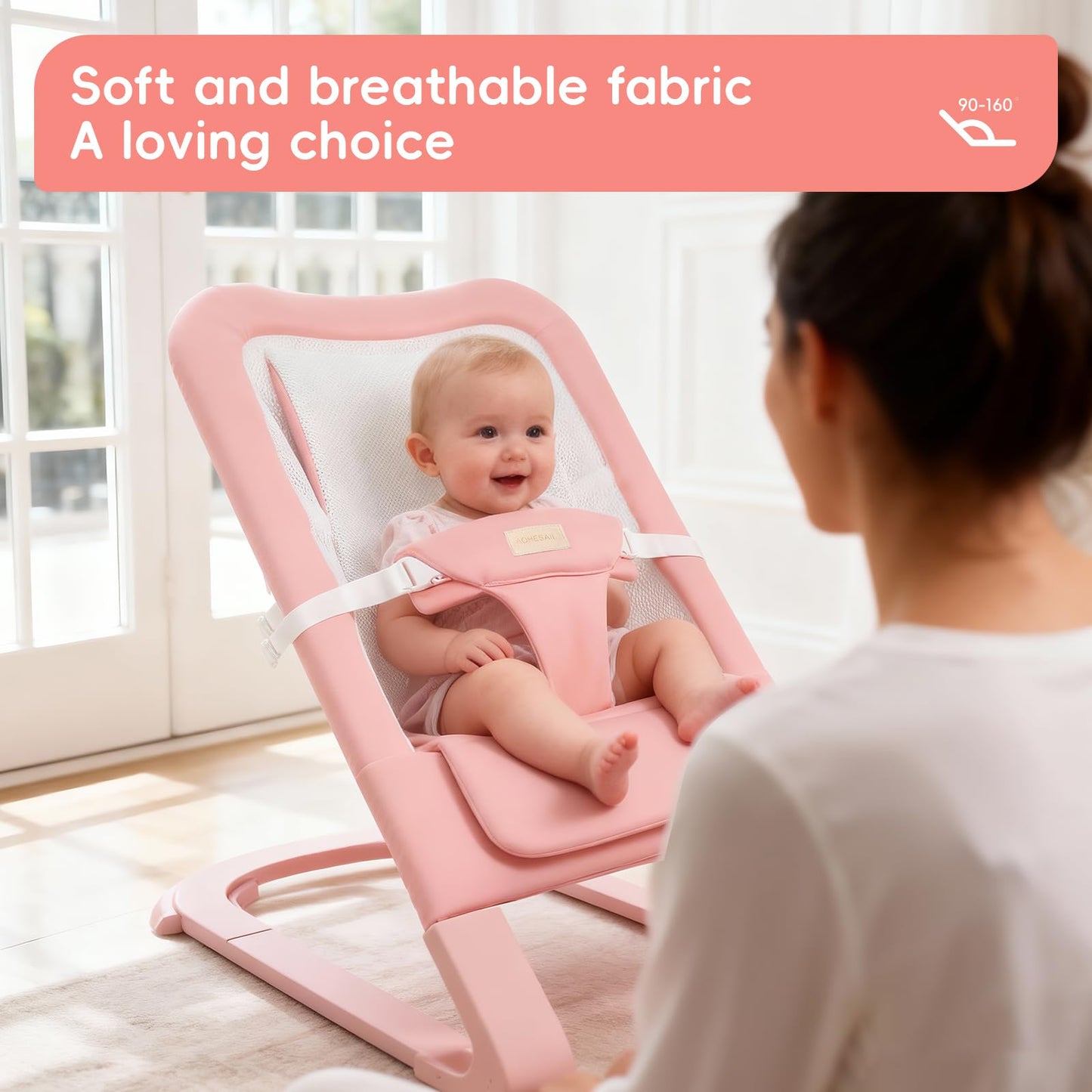 Mecedora para Bebé para Recién Nacidos de 0-12 Meses: 0-5 Años Mecedora Portátil para Bebé Niña en Rosa con Reclinación Ajustable y Arnés de 3 Puntos, Soporta hasta 60 libras