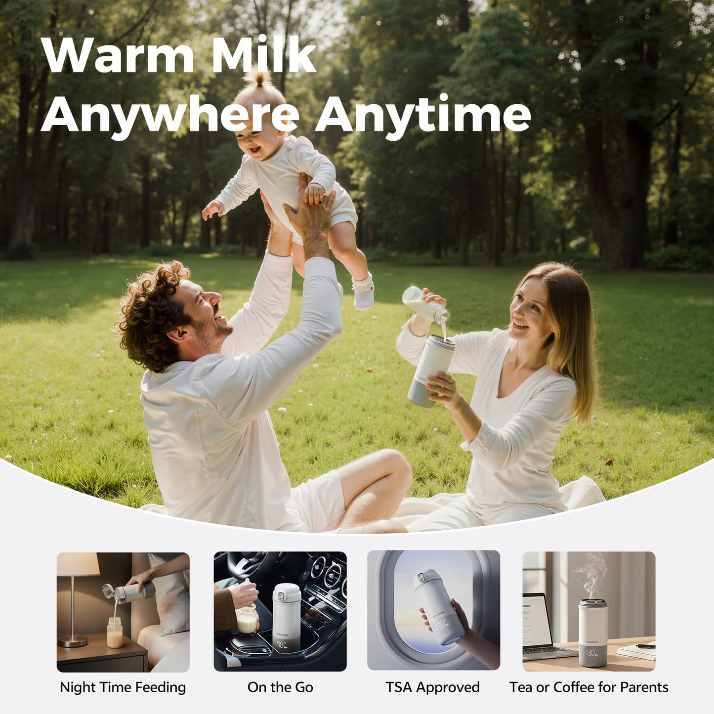 WONDBORN Calentador de biberones portátil para viajes - Calentamiento instantáneo, apto para lavavajillas, control preciso de temperatura de 1°F, carga rápida de 30W, batería de larga duración
