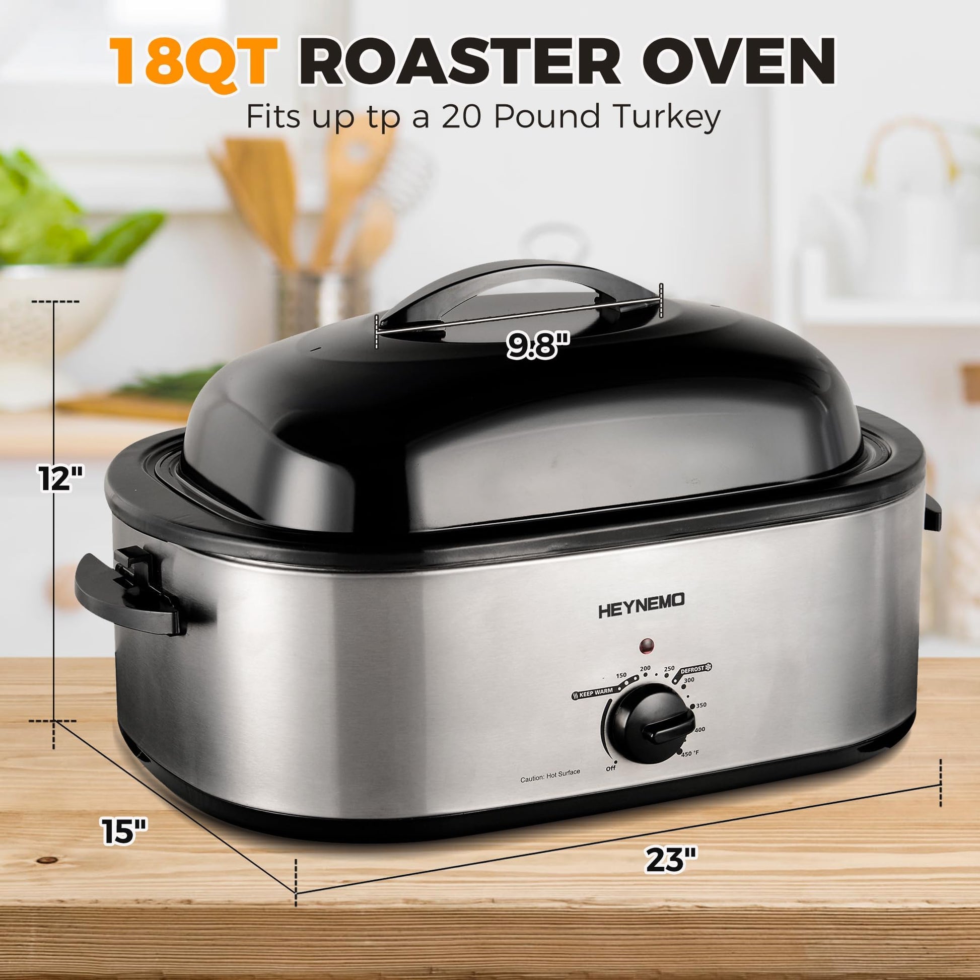 Horno tostador de 18 cuartos con tapa autohilado, horno tostador de pavo con función de descongelación y calor, temperatura ajustable, estante eléctrico extraíble para sartén, acero inoxidable, plata