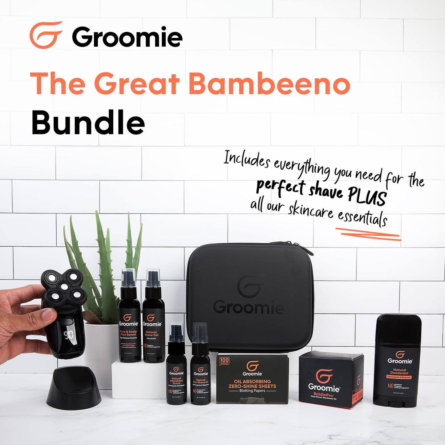 Groomie- Paquete de cuidado masculino: afeitadora eléctrica de cabeza BaldiePro para hombres calvos. Incluye estuche de viaje y cargador.