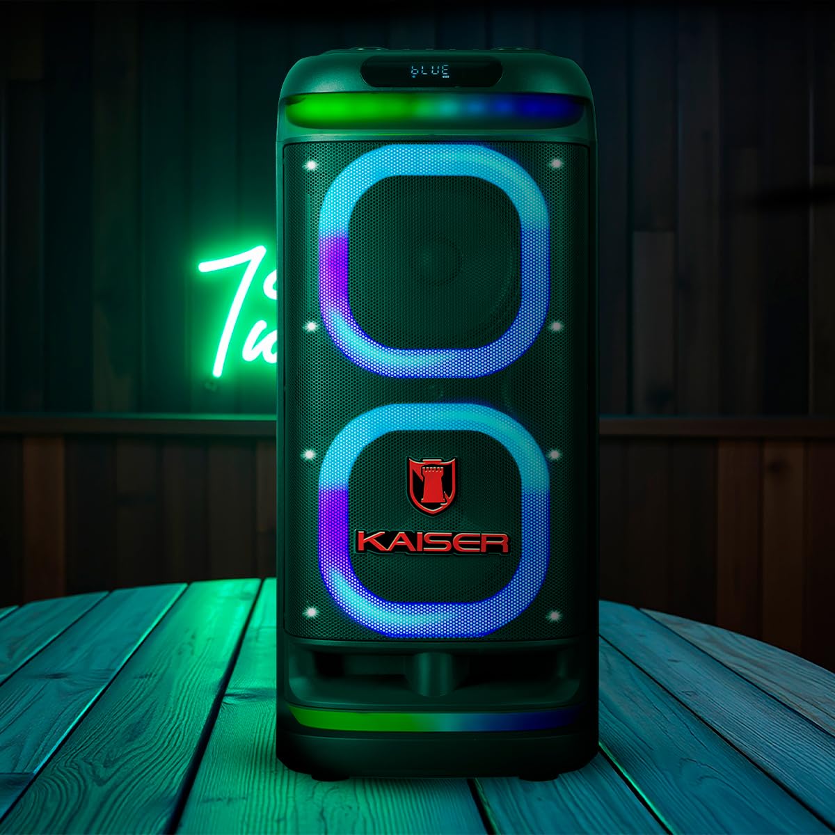 Bafle de Piso Kaiser Recargable 2x8 Pulgadas Gran Infinity Curvo Potencia de 70W RMS con Bluetooth USB Micro SD y AUX KSW-8024