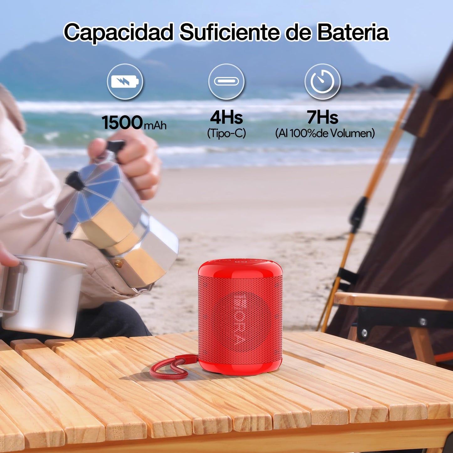 Bocina Bluetooth Portátil 1 Hora Rojo Mini Altavoz Inalámbrico 5W Ideal para Viajar y Campear