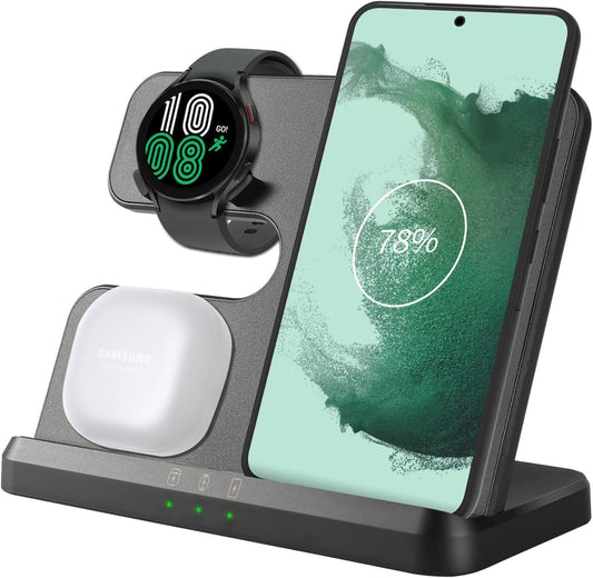 BVILY Cargador Inalámbrico 3 en 1, Estación de Carga Inalámbrica Rapida Compatible con GalaxyS23 Ultra/S22 Ultra/S21/S20/S21 FE/Z Flip 4, Galaxy Watch 5/4/3/Active 2, Galaxy Buds 2/Buds+/Live
