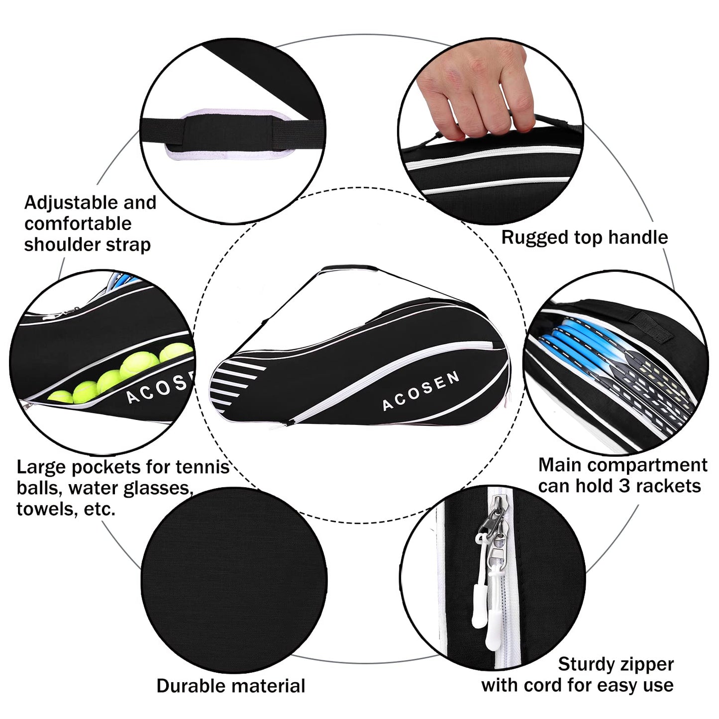 Bolsa de Tenis ACOSEN Negra con Almohadilla Protectora para Mujer y Hombre