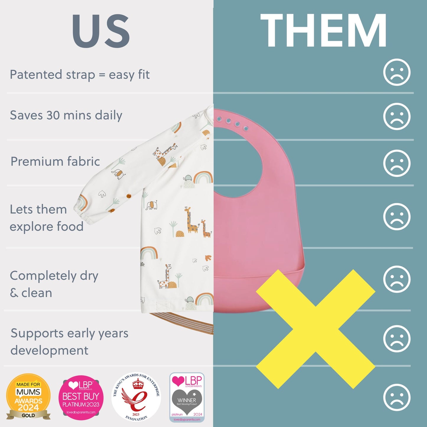 Bibado Baberos para bebé con mangas – Babero de destete LED para niños pequeños y bebés, 6-36 meses, se fija a sillas altas, cochecitos, mesas, Serengeti Spaghetti, One Size