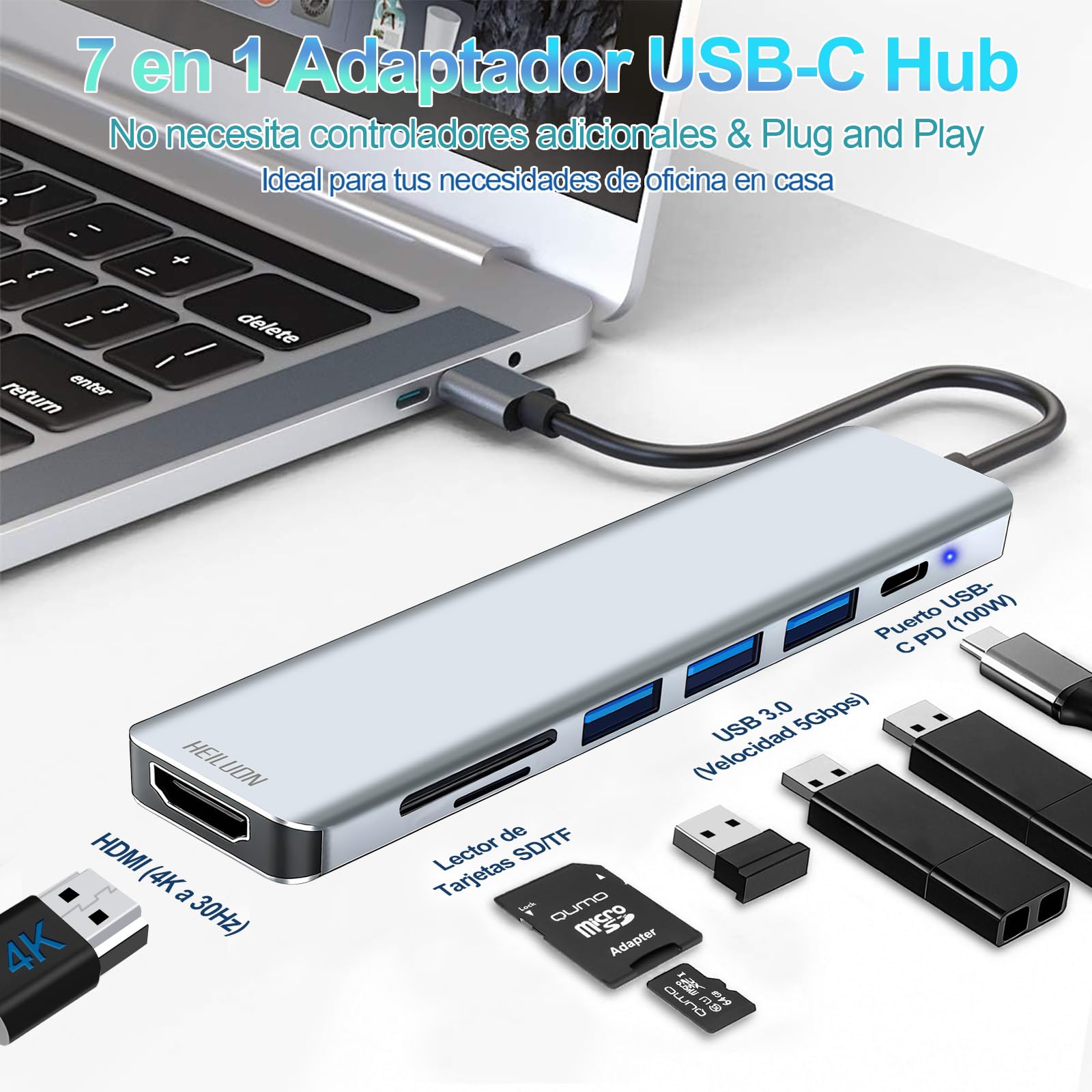HeiLuon Adaptador Hub USB C 7 en 1 con HDMI 4K, 3 Puertos USB 3.0, Lector de Tarjetas SD, Carga PD 100W, Hub USB C para Laptop, PC Adaptador USB C a hdmi, HDMI a USB C, Tipo C a Hdmi