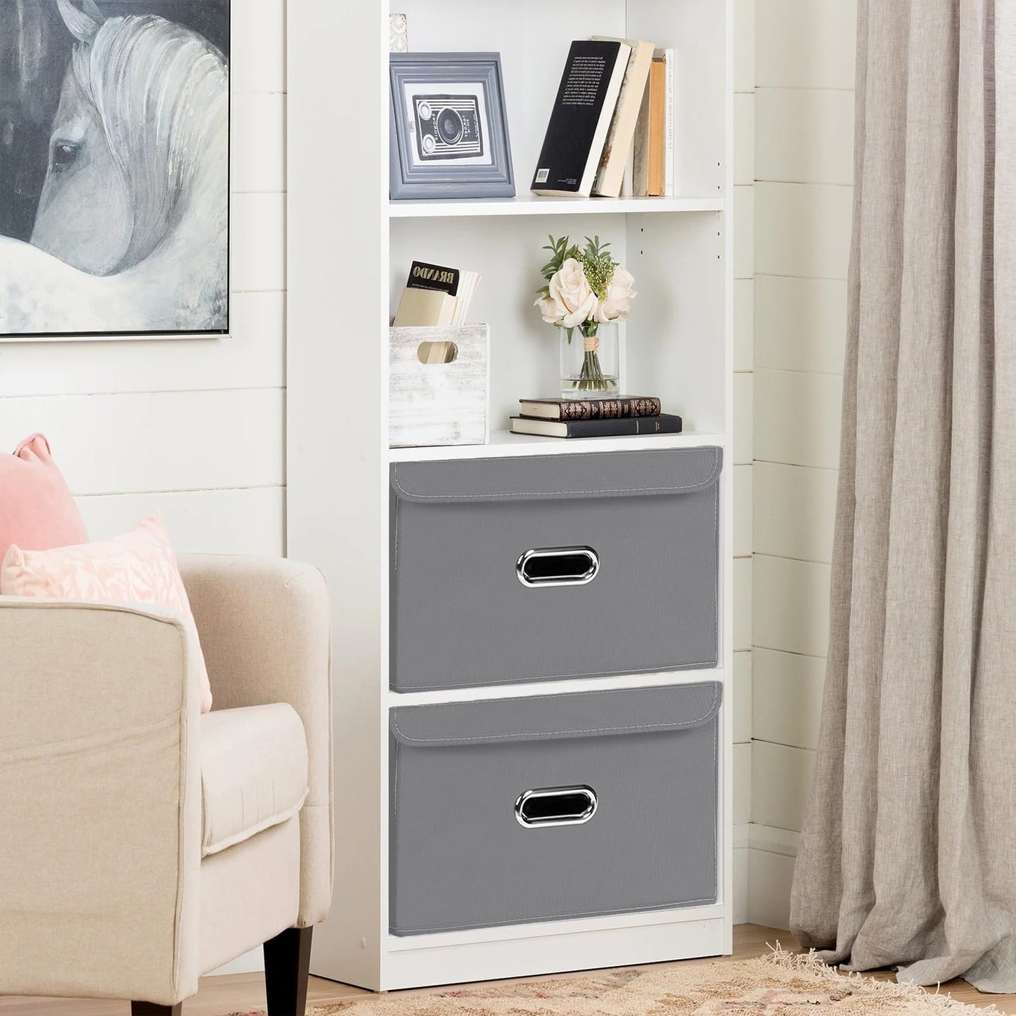 SEVENDOME Cesta organizadora plegable de tela de lino con tapa, asas de piel, divisor extraíble para el hogar, clóset (gris, 3 piezas)