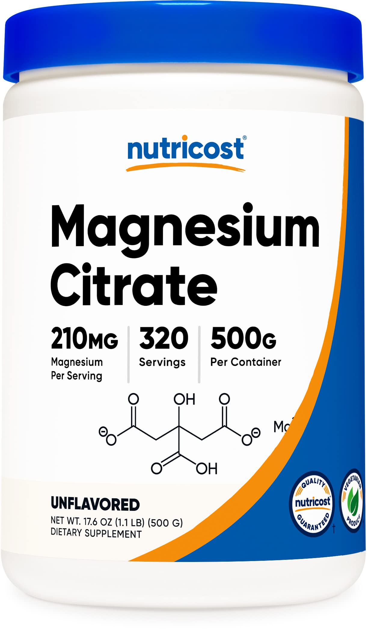 Polvo de Citrato de Magnesio Nutricost 500 G sin Sabor para Salud Física y Nerviosa