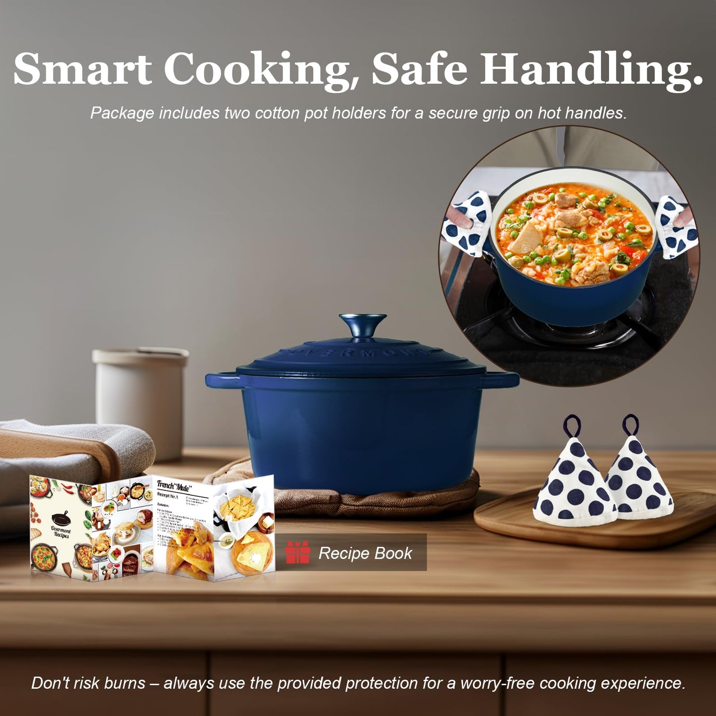 Overmont - Horno holandés de hierro fundido esmaltado, olla de 5.5 cuartos con tapa, libro de cocina y agarraderas de algodón, utensilios de cocina resistentes para estofar, guisos, asar, hornear pan
