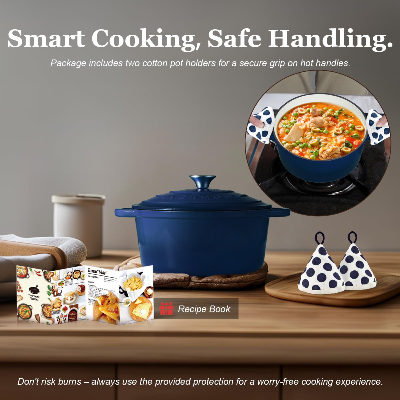 Overmont - Horno holandés de hierro fundido esmaltado, olla de 5.5 cuartos con tapa, libro de cocina y agarraderas de algodón, utensilios de cocina resistentes para estofar, guisos, asar, hornear pan