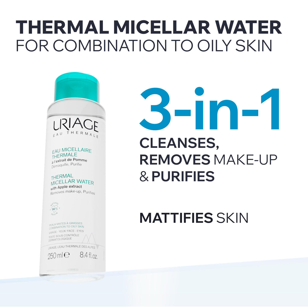 Uriage Agua Micelar termal para piel mixta a grasa 500ml – desmaquilla, purifica y matifica – con extracto de manzana verde, agua termal y patente LN MODUL