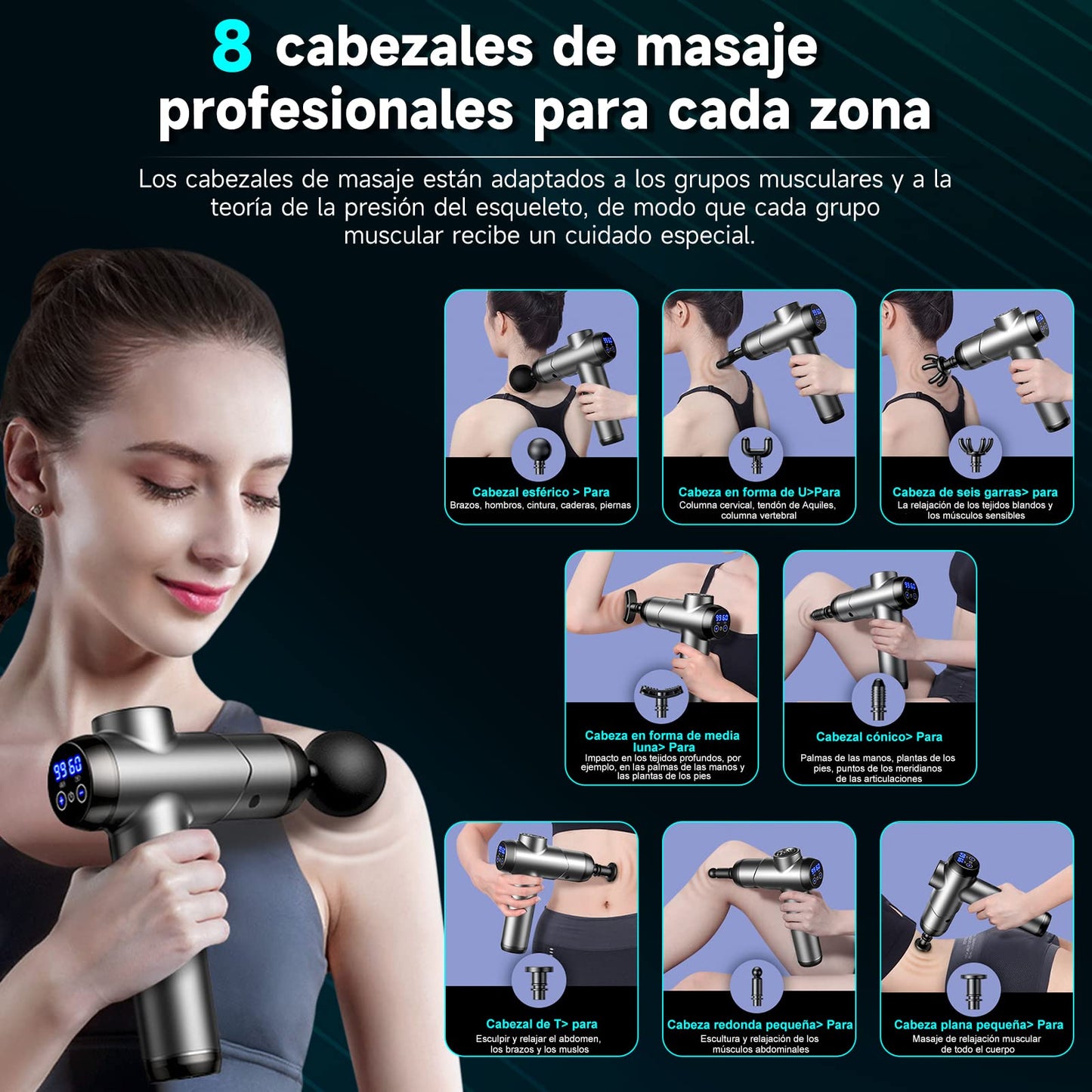 KOSCHEAL Pistola de Masaje, Súper Potencia Masajeador de Muscular Profesional 99 Velocidades Ajustables y 8 Cabezales Tecnología de Carga Rápida para Espalda Cuello,Hombro Alivio del Dolor de Tejido Profundo