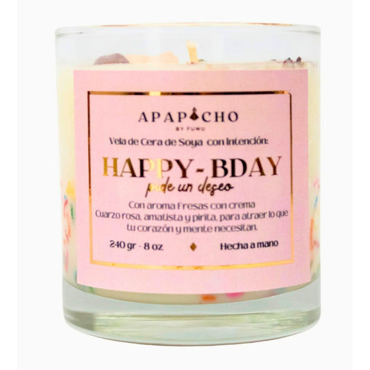 Fuwu, velas aromaticas relajantes Happy Birthday de cera de soya con cuarzos naturales, velas decorativas hechas a mano con hierbas, aromatizantes para hogar, regalos de cumpleaños (Fresas con crema)