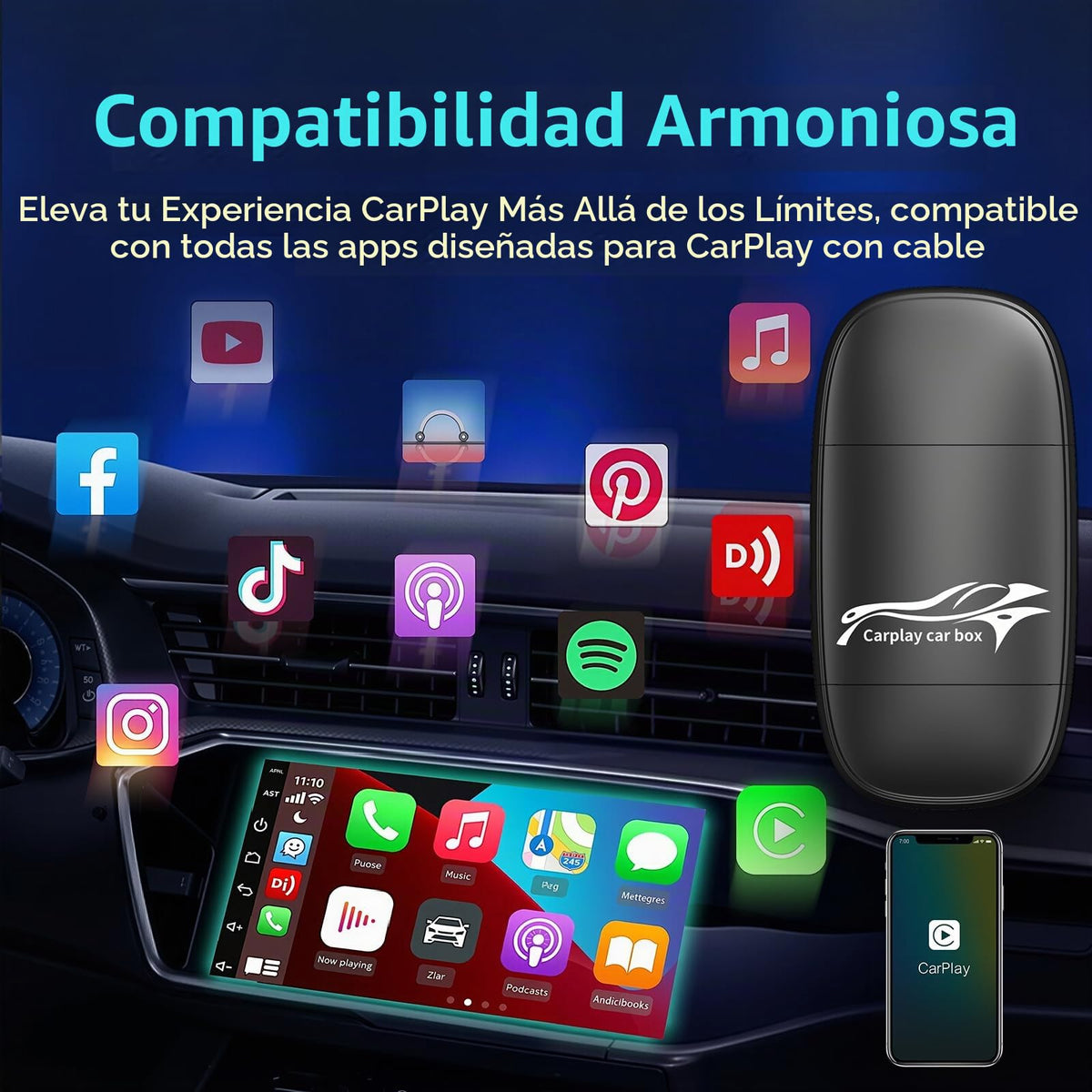 Adaptador Inalámbrico CarPlay Apple para Convertir CarPlay con Cable a Inalámbrico Compatible con iOS 10+ y Autos 2017+ Conexión Estable
