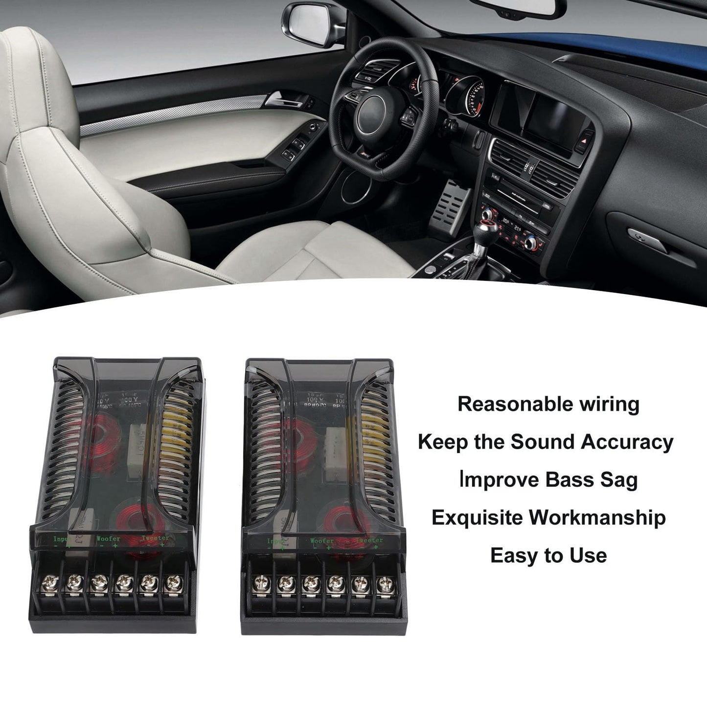 Crossover de Audio para Automóvil de 2 Vías, Divisor de Frecuencia de Altavoz de 2 Piezas Crossover Pasivo de Audio para Automóvil de hasta 300 Vatios, Protección contra Sobrecorriente Disipación de C