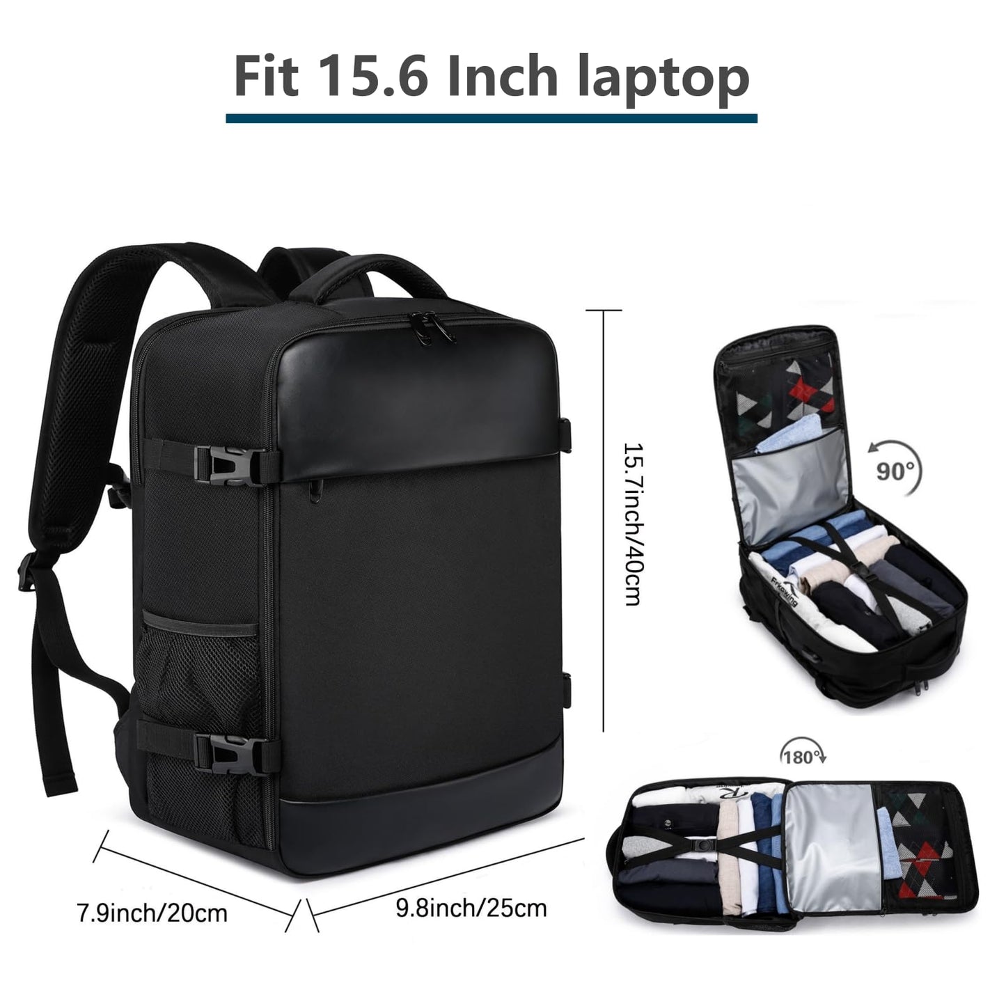 Mochila de Viaje Negro con Puerto de Carga USB Aprobada por Avión para Computadora Portátil de 15,6 Pulgadas, 20 L para Hombre y Mujer