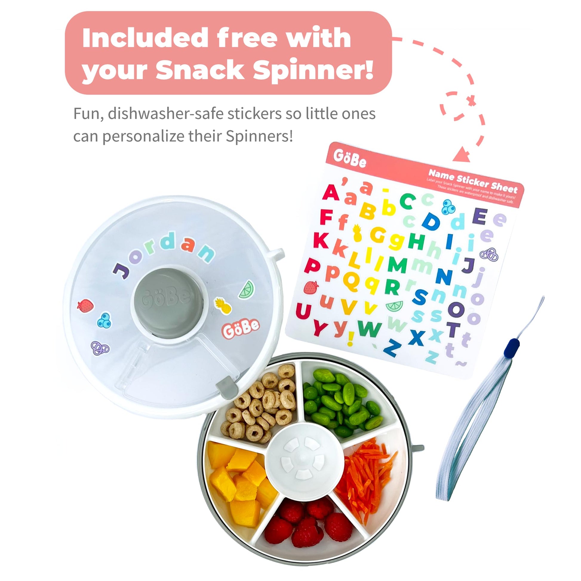 GoBe Kids - Paquete giratorio de aperitivos con correa de mano y hoja de calcomanía, dispensador de 5 compartimentos y tapa, sin BPA y PVC, apto para lavaplatos, sin derrames, a prueba de fugas