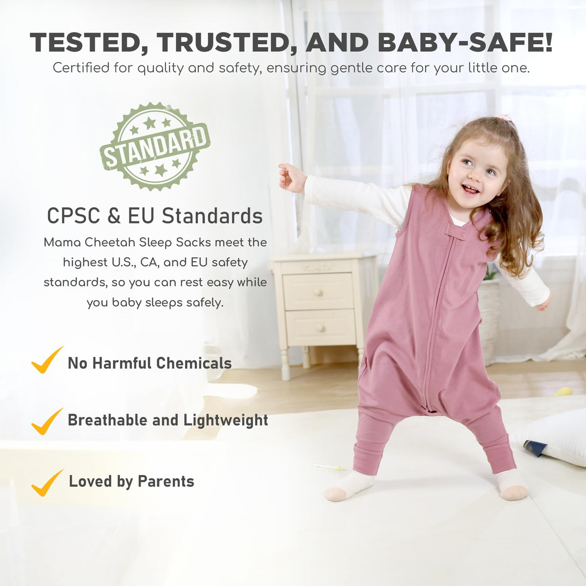 Saco de Dormir para Niños Mama Cheetah con Pies, Saco de Dormir de Algodón Orgánico de 0.5 TOG con Patas, Manta Portátil para Bebés Primeros Caminantes con Cremallera de 2 Vías, Saco de Dormir para
