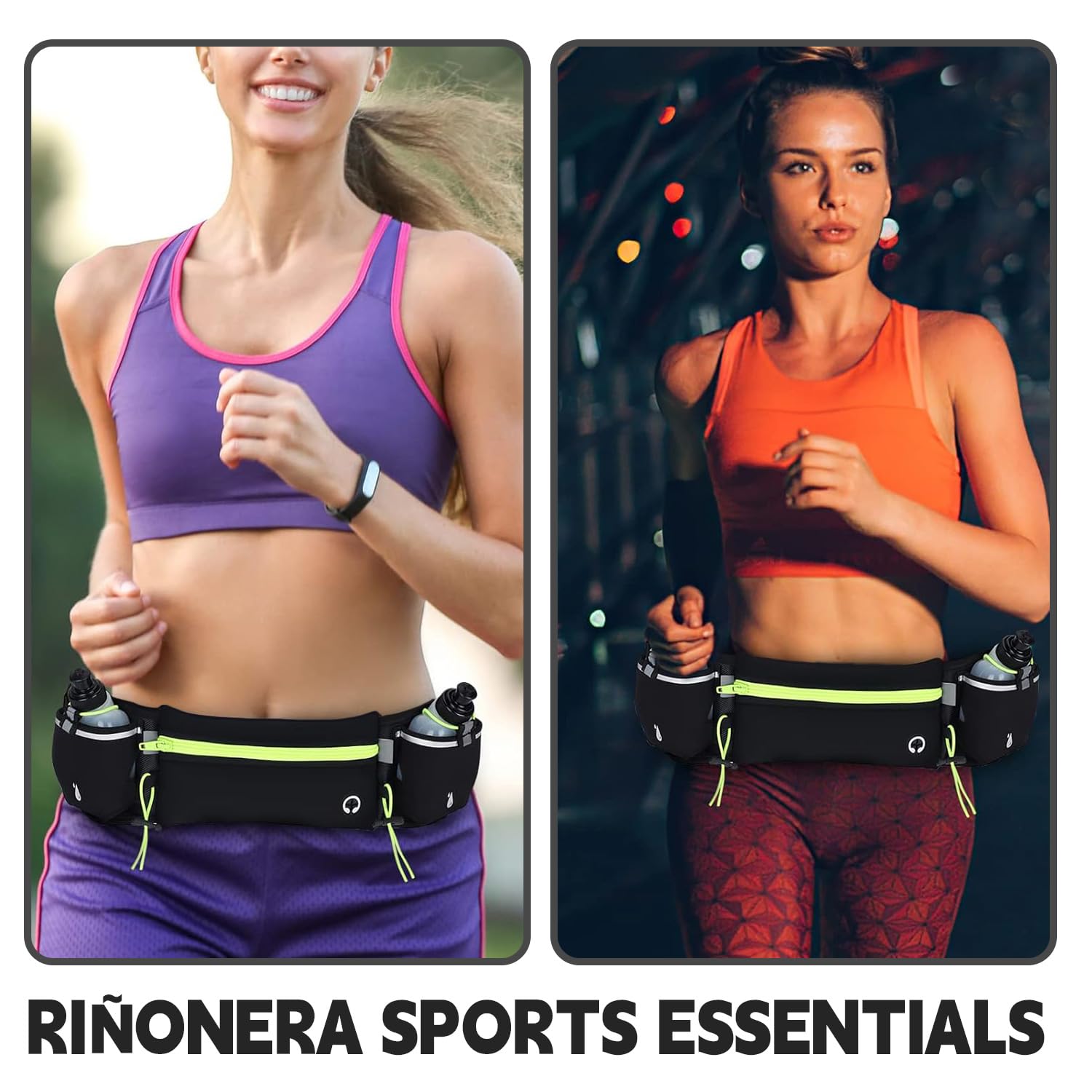Cangurera Deportiva, Riñonera Deportiva con 2 Botellas de Agua, Riñonera Impermeable Reflectante con Cinturón Regulable, Ideal para Ciclismo, Correr, Deportes al Aire Libre. (1, Verde, Medium)