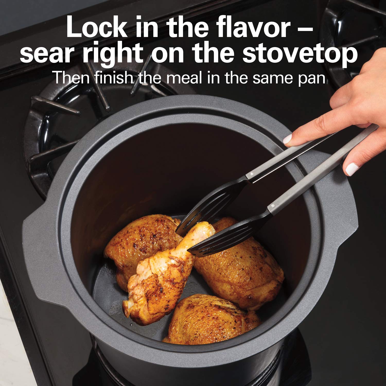 Hamilton Beach Sear & Cook - Olla de cocción lenta con olla segura para estufas, gran capacidad de 10 cuartos de galón, programable, plata (33196)