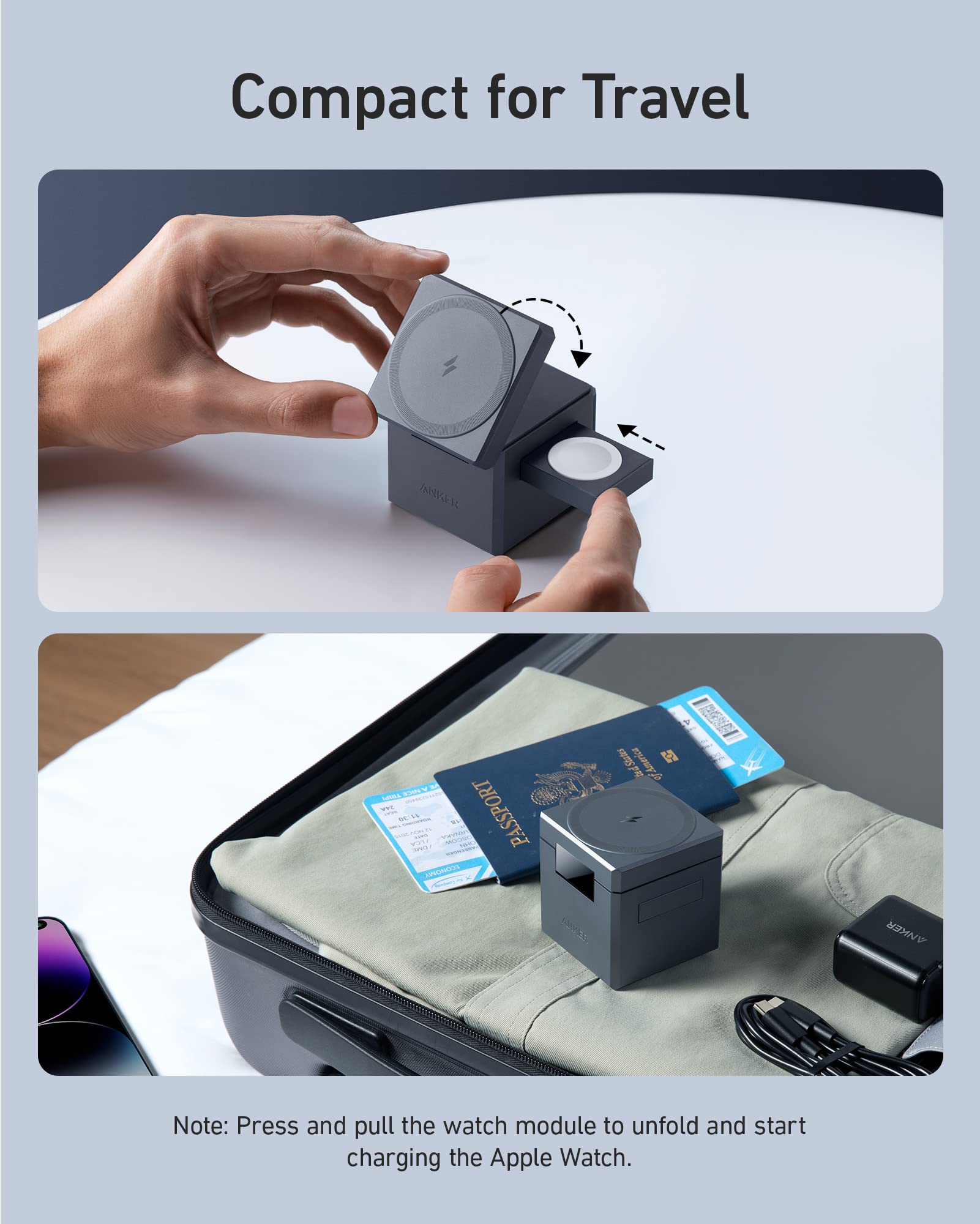 Cubo 3 en 1 Anker MagSafe Negro con Carga Inalámbrica 15 W para iPhone 15/14/13, Apple Watch y AirPods Pro
