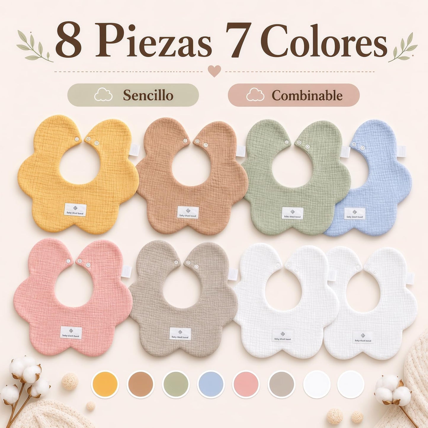 STRATOVATE 8 PCS Baberos para Bebé, Algodón Suave y Absorbente, Doble Cara