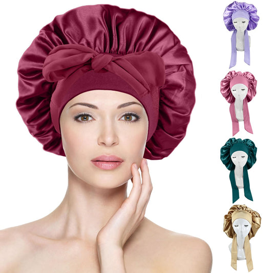 Gorro de Seda para Dormir, Para El Cabello Largo Bonnet Ajustable para Mujer，capó ajustable de satén，Capos grandes de seda satinada para dormir con correa de corbata, Adecuado para Dormir, Bañarse