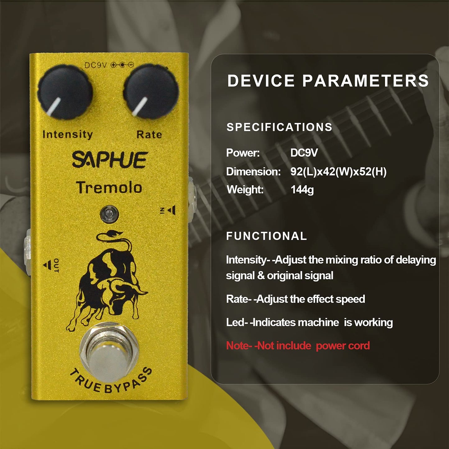 Pedal de Efectos de Guitarra SAPHUE en Negro con Trémolo de Intensidad Ajustable y Carcasa de Metal para Hombre