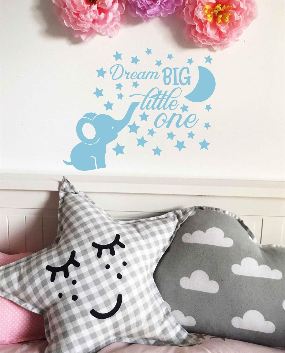 Dream Big Little One - Pegatinas decorativas para pared, diseño de elefante y luna con estrellas, color azul