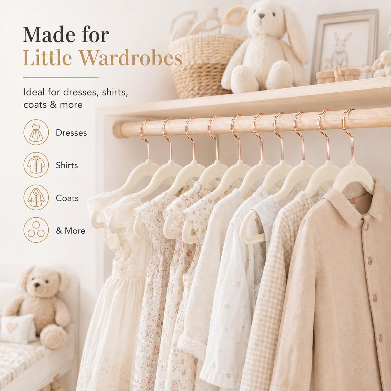 MIZGI - Perchas de terciopelo para niños de alta calidad (paquete de 50) con ganchos de cobre y oro rosa, ahorro de espacio, ultra delgadas, antideslizantes para bebés, pantalones de vestir, perchas