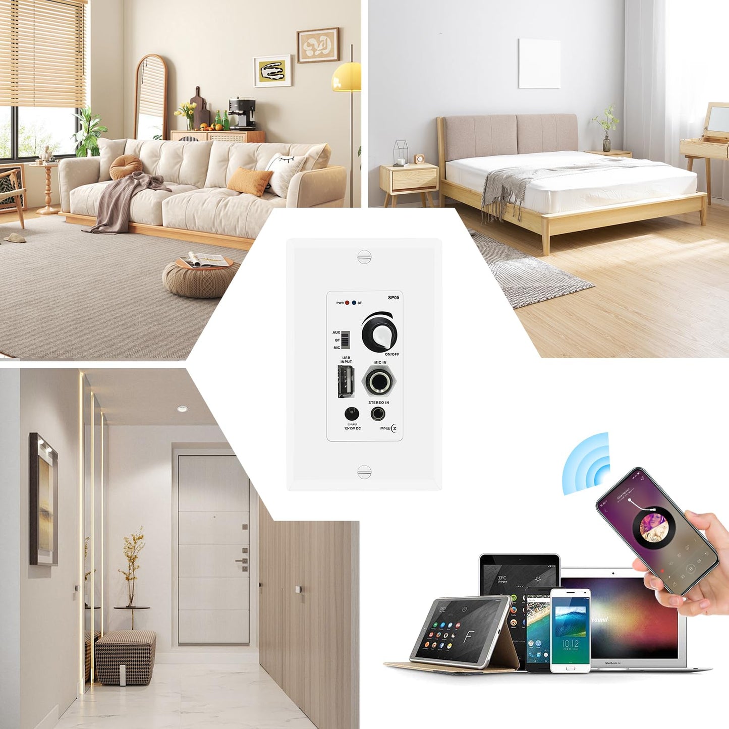 PNWCZ - Altavoces Bluetooth en el techo de 6.5 pulgadas en la pared, 600 W, sistema de altavoces de montaje empotrado de 2 vías con receptor amplificador de pared para cine en casa, oficina, baño,